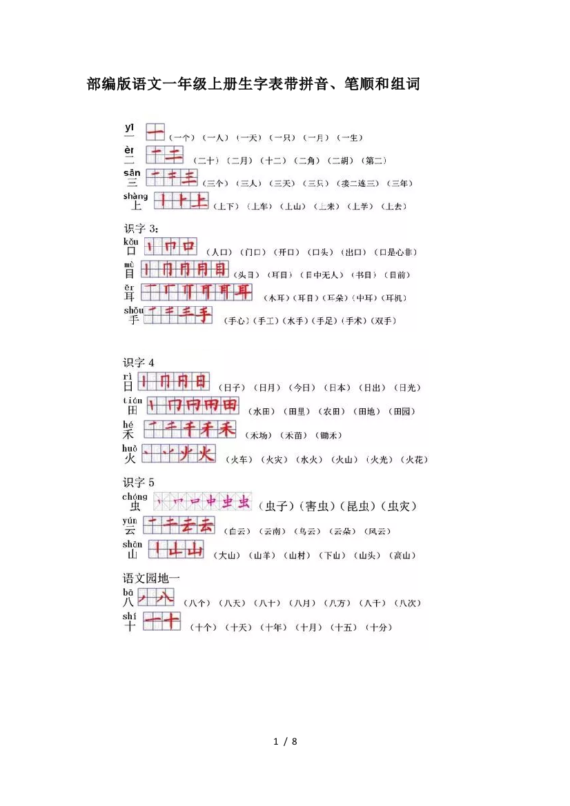 部编版语文一年级上册生字表带拼音、笔顺和组词