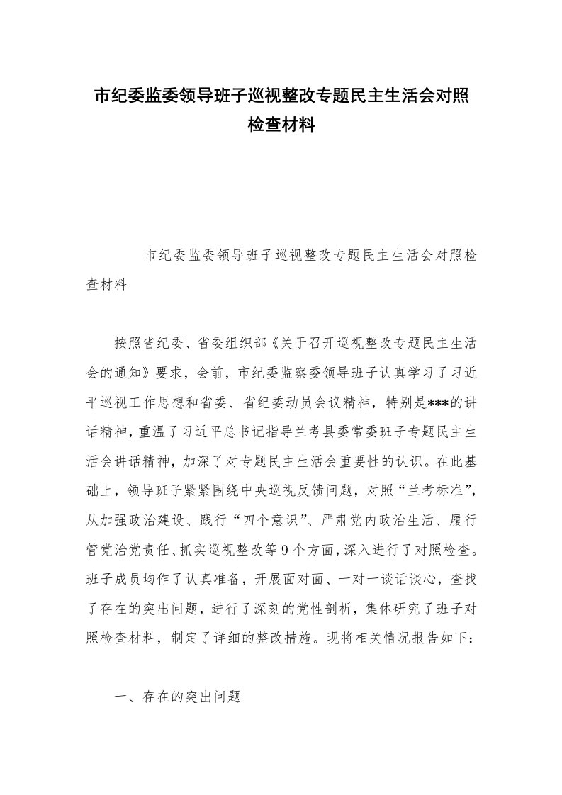 市纪委监委领导班子巡视整改专题民主生活会对照检查材料