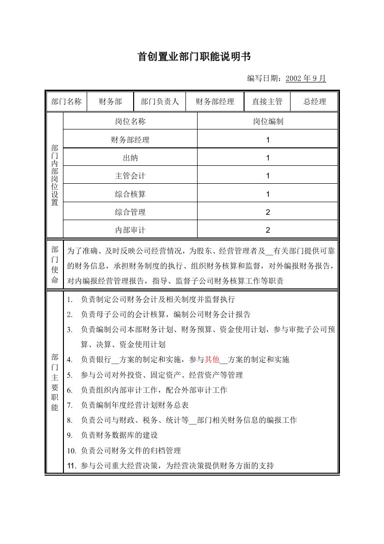 部门职能说明书-财务部