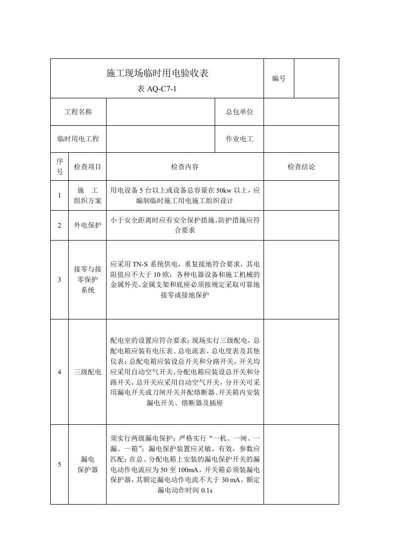 施工现场临时用电验收表