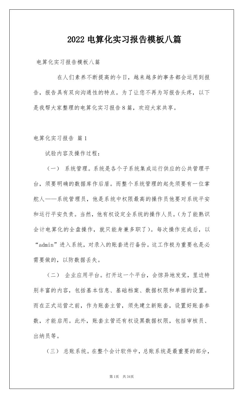 2022电算化实习报告模板八篇