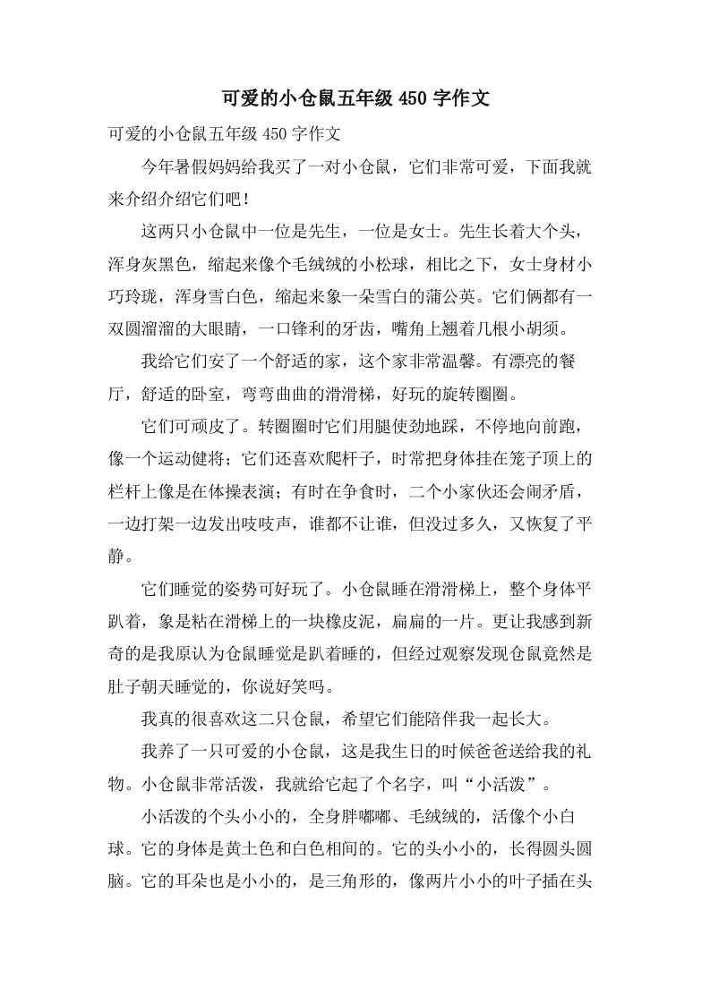 可爱的小仓鼠五年级450字作文