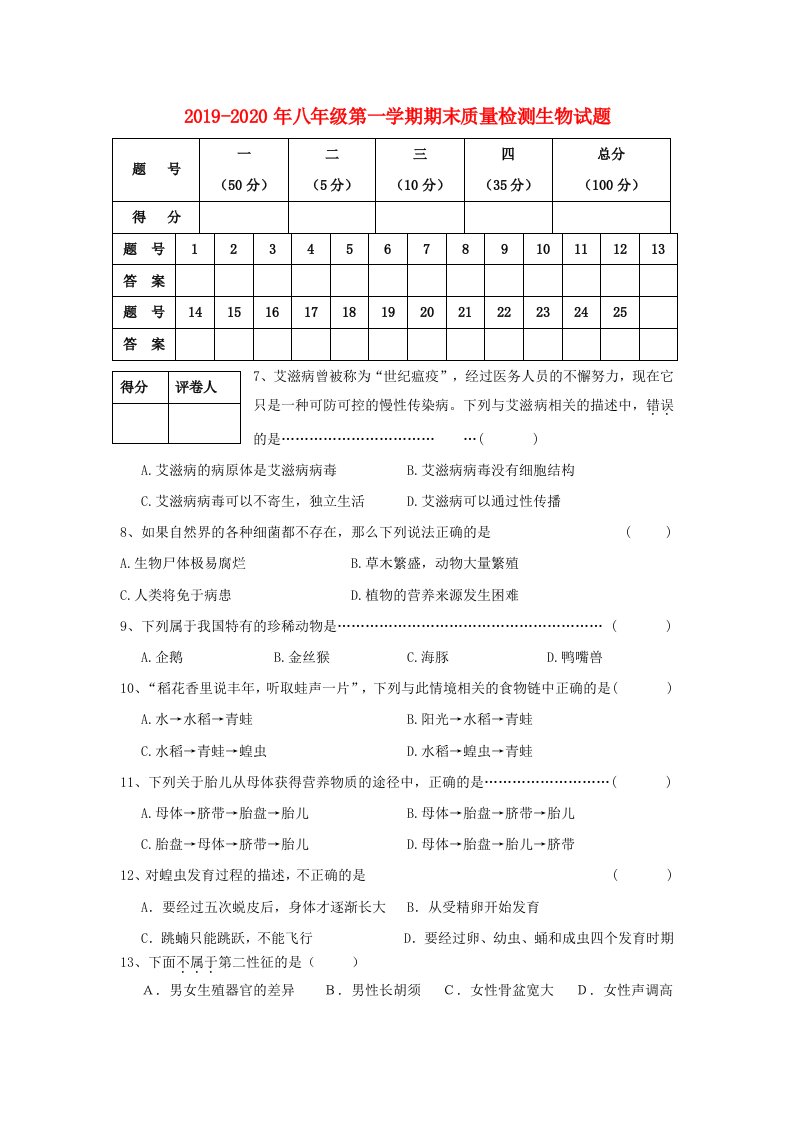 2019-2020年八年级第一学期期末质量检测生物试题