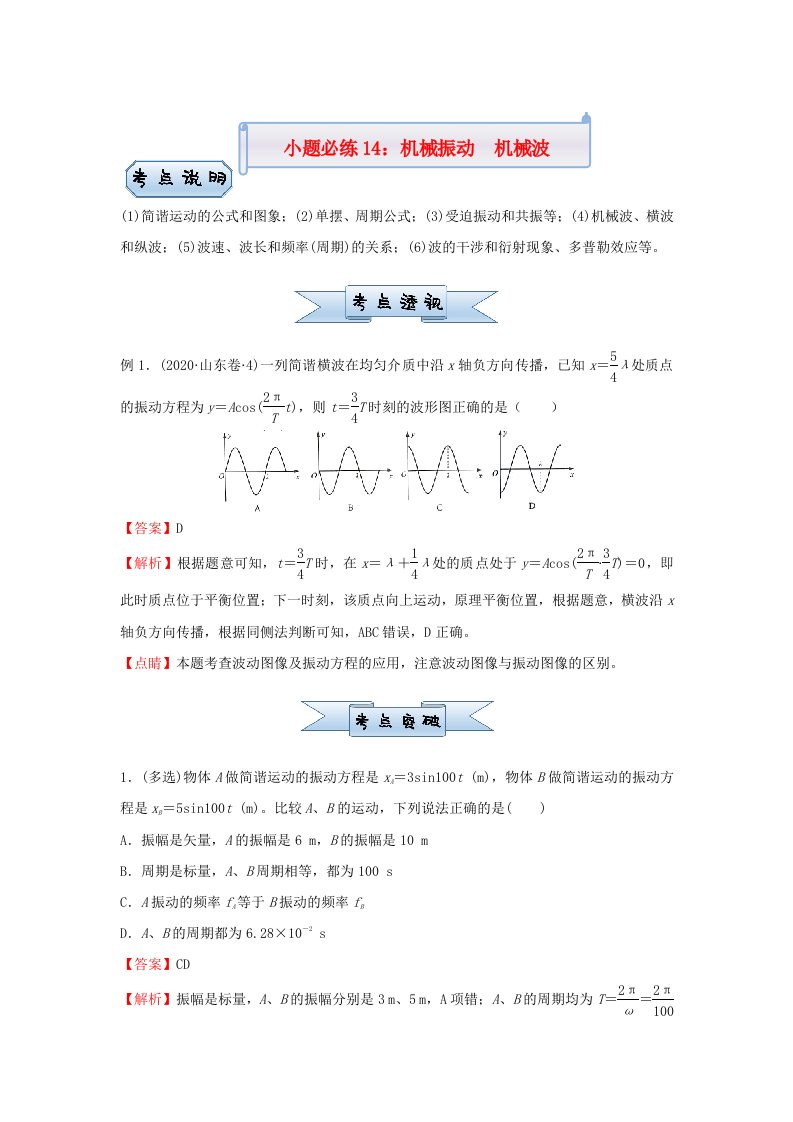 新高考2021届高考物理小题必练14机械振动机械波