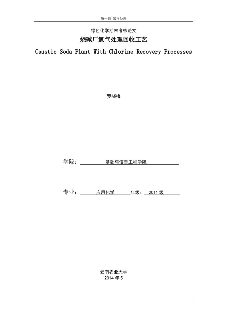 烧碱厂废氯气回收处理工艺