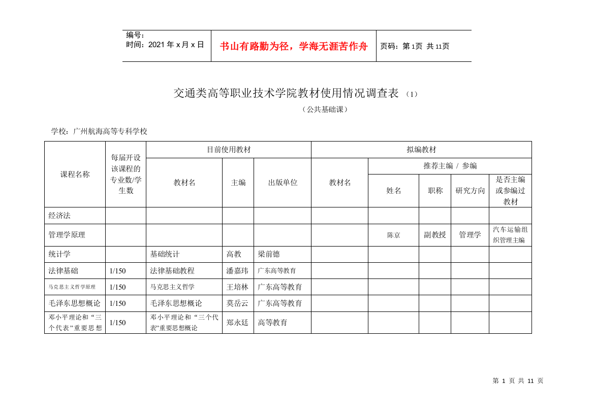 交通类教材使用情况表-广州航海高等专科学校