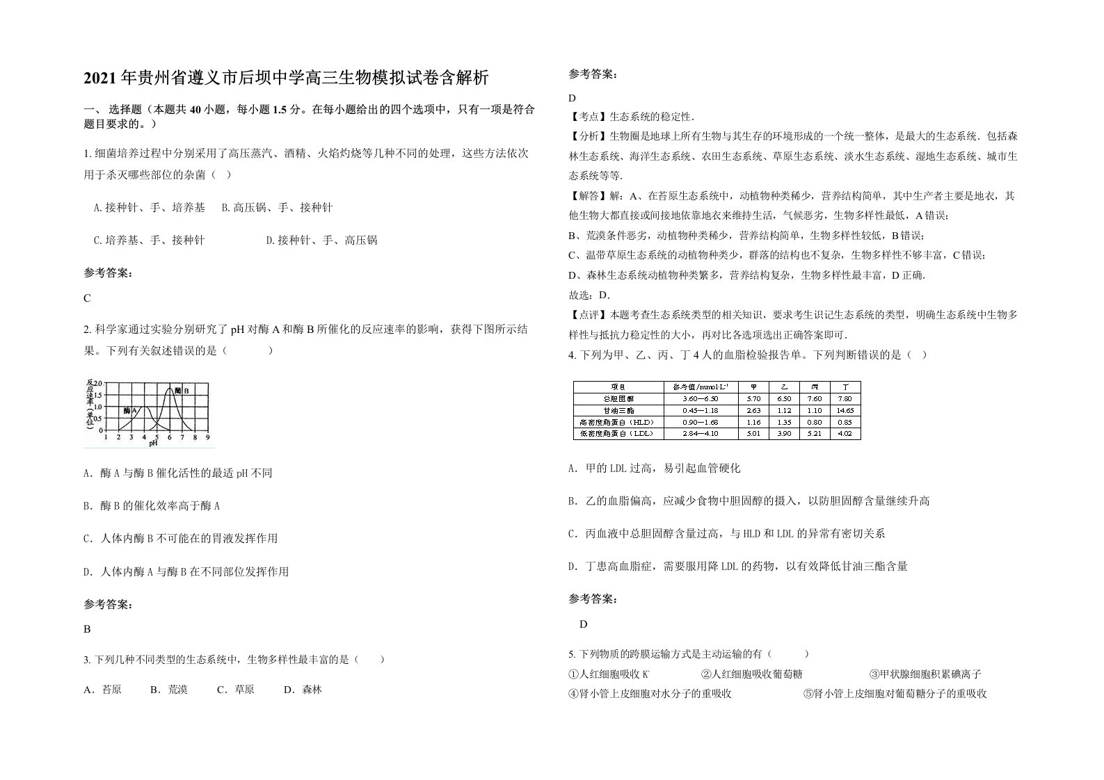 2021年贵州省遵义市后坝中学高三生物模拟试卷含解析