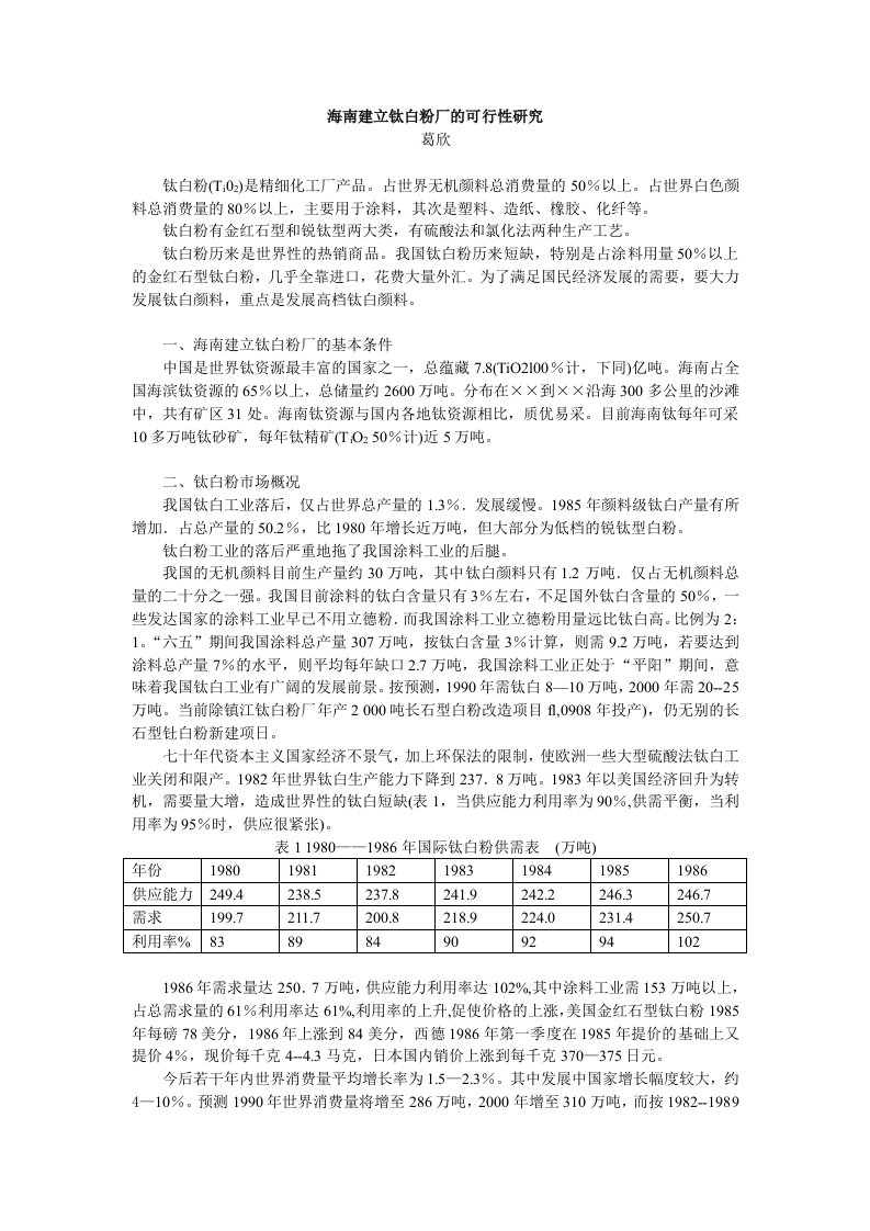 海南建立钛白粉厂的可行性研究