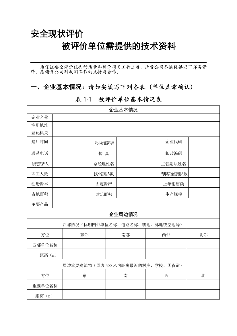 001危化生产、使用企业安全现状评价企业需提供资料