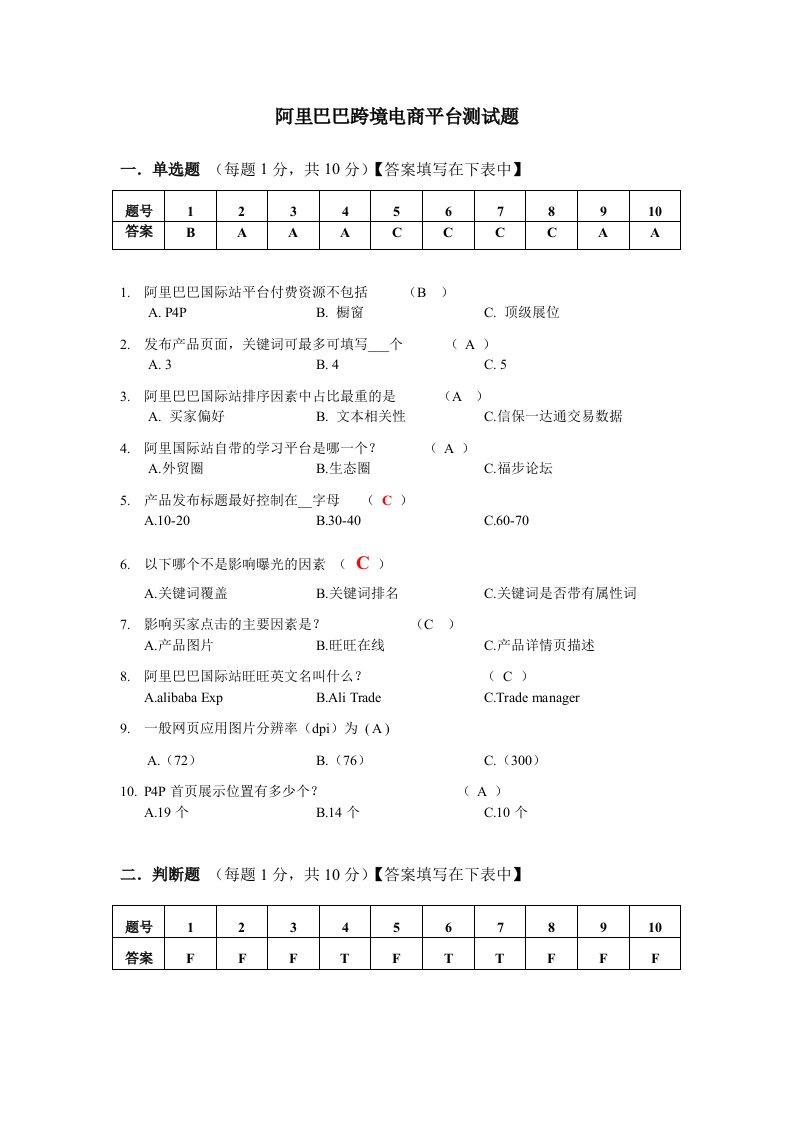 阿里巴巴跨境电商平台测试题