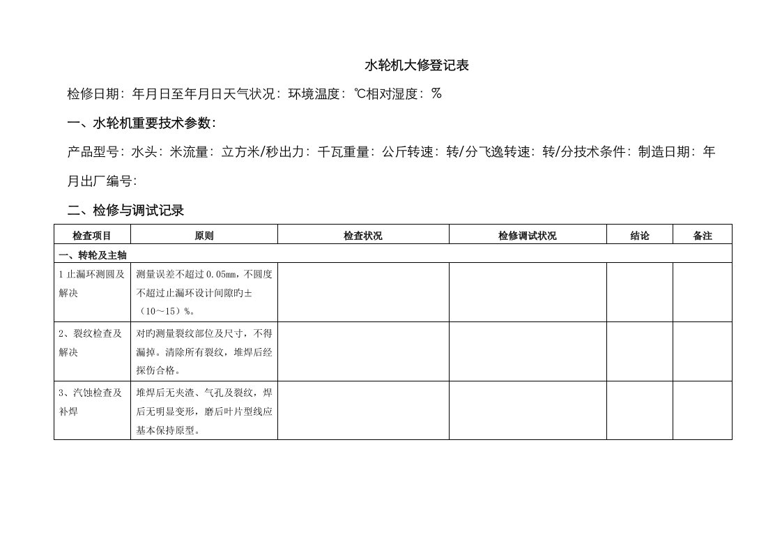 水轮机大修记录表