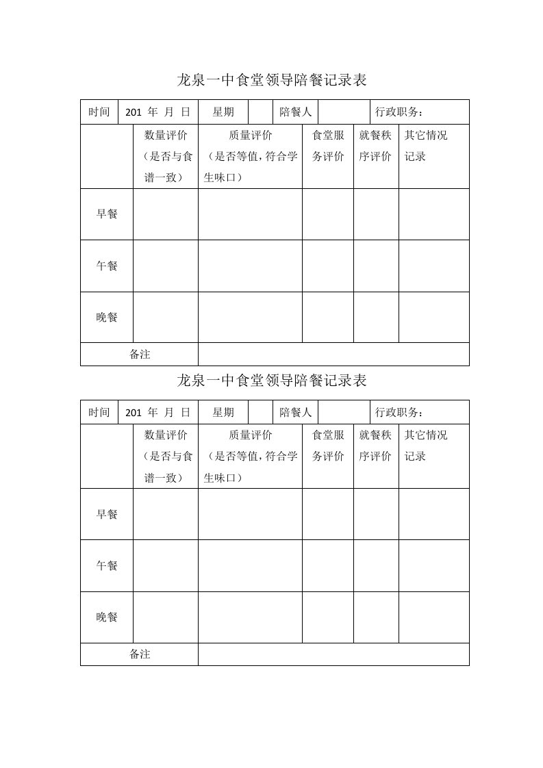 学校食堂领导陪餐记录表