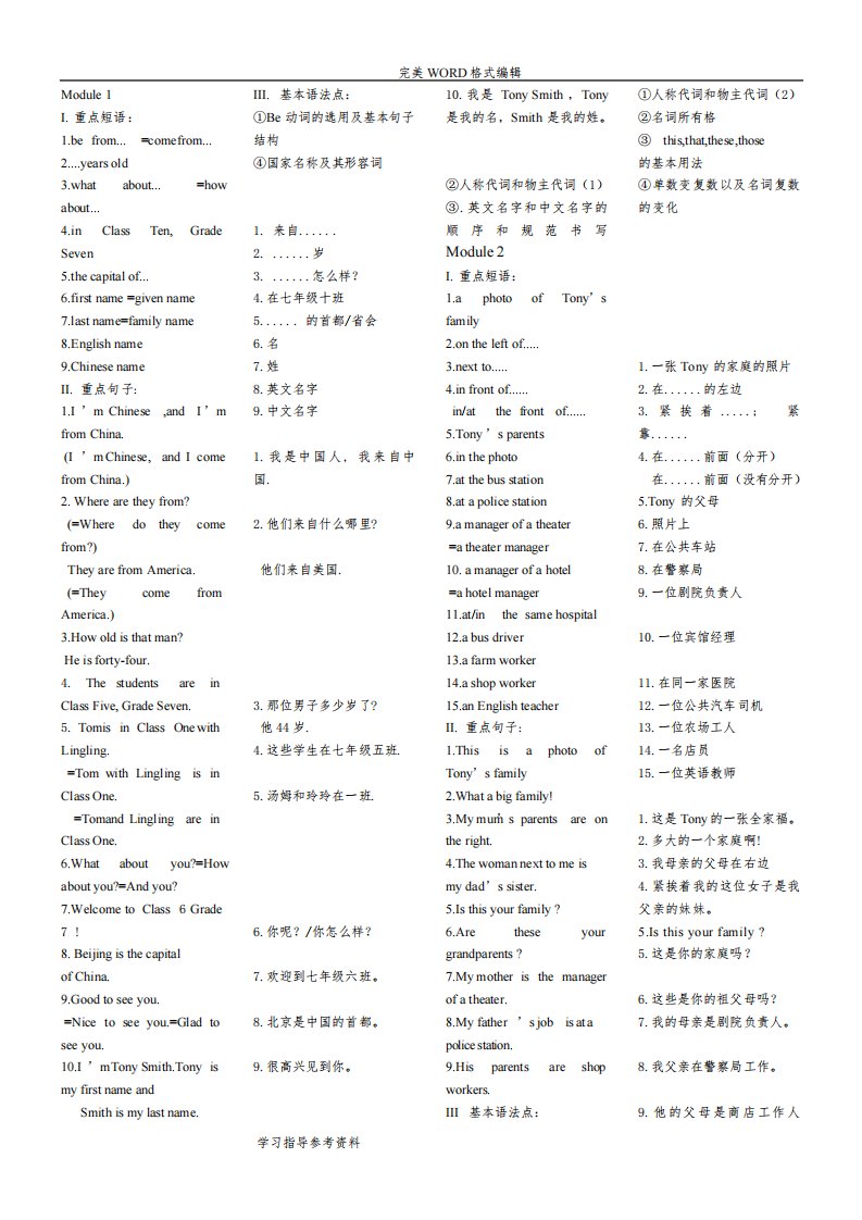 外研版英语七年级(上册)复习资料全