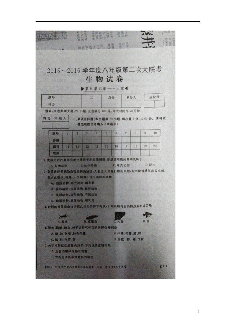 江西省赣州市石城县小松中学八级生物上学期第二次联考试题（扫描版）