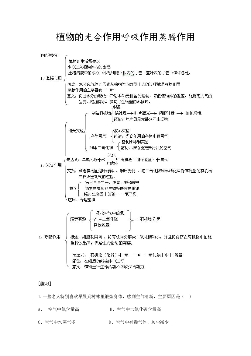 植物的光合作用呼吸作用蒸腾作用