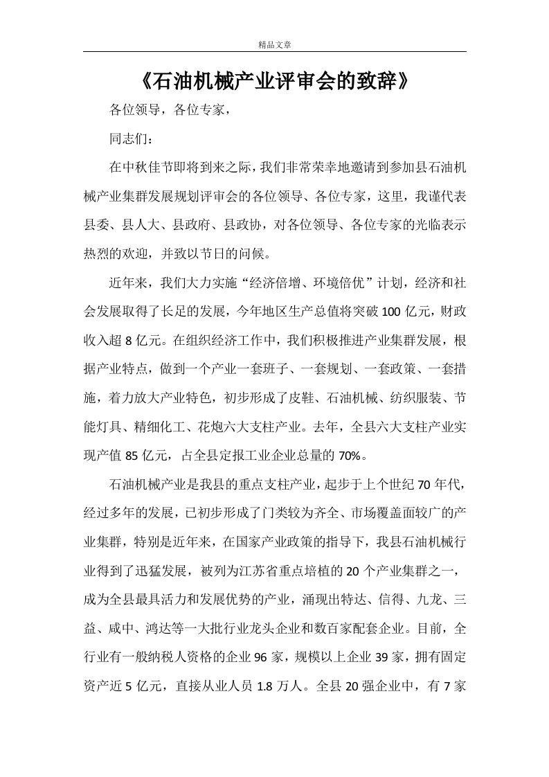 《石油机械产业评审会的致辞》