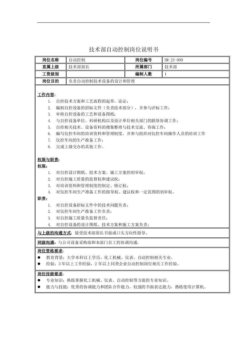 技术部自动控制岗位说明书