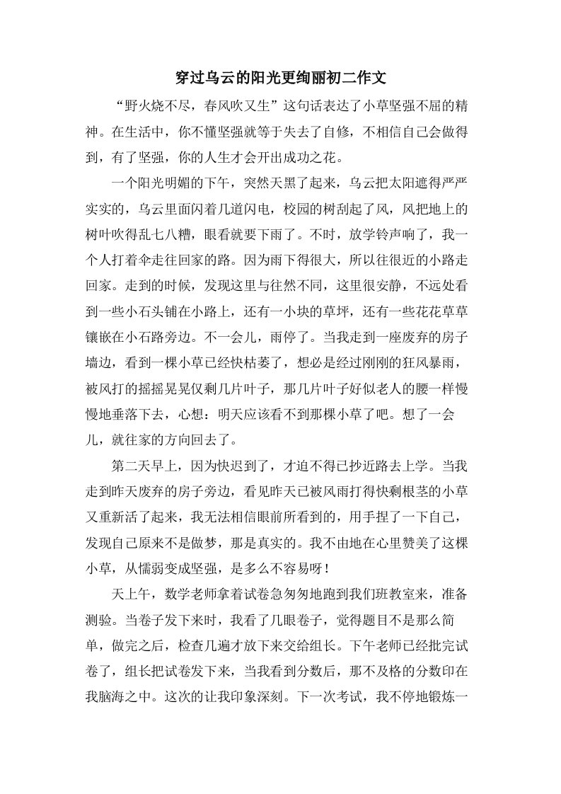 穿过乌云的阳光更绚丽初二作文