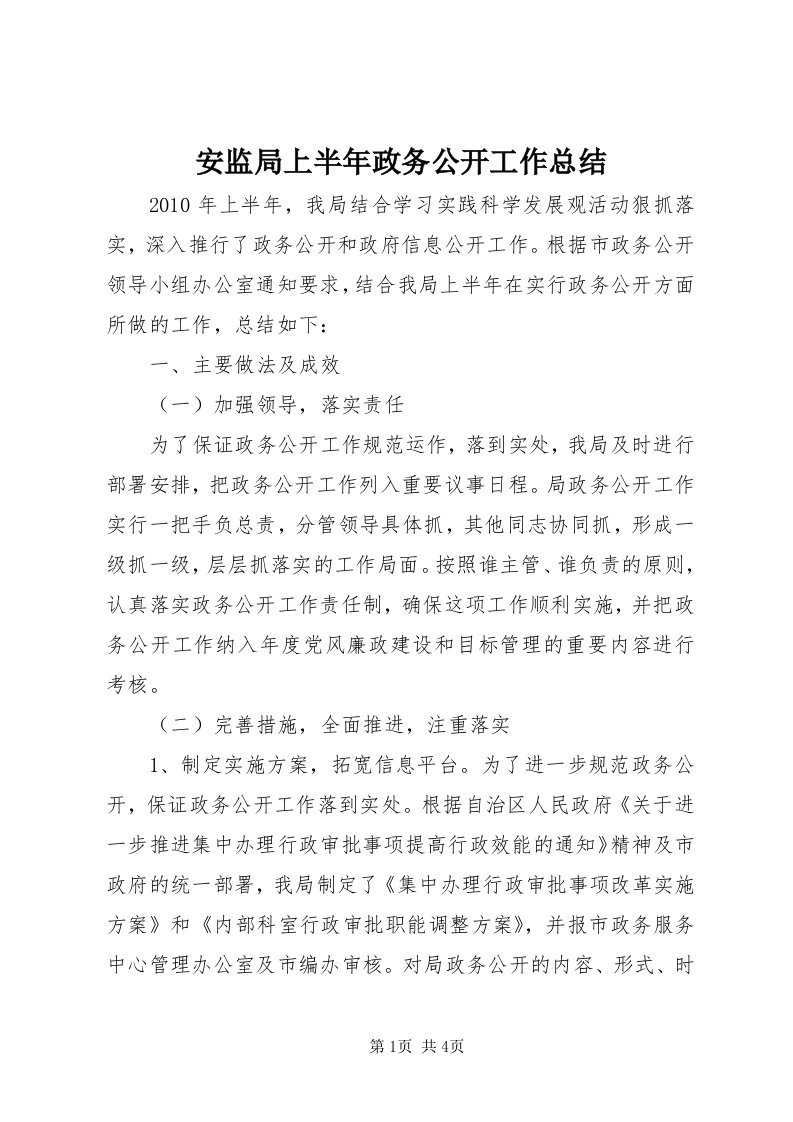 安监局上半年政务公开工作总结