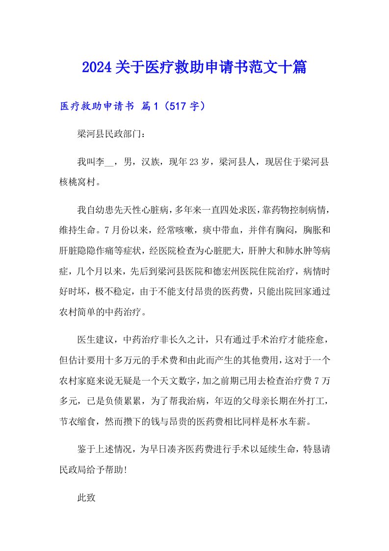 2024关于医疗救助申请书范文十篇