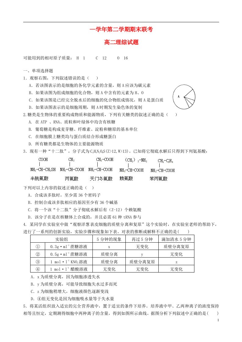 贵州省遵义航天高级中学高二理综下学期期末考试试题