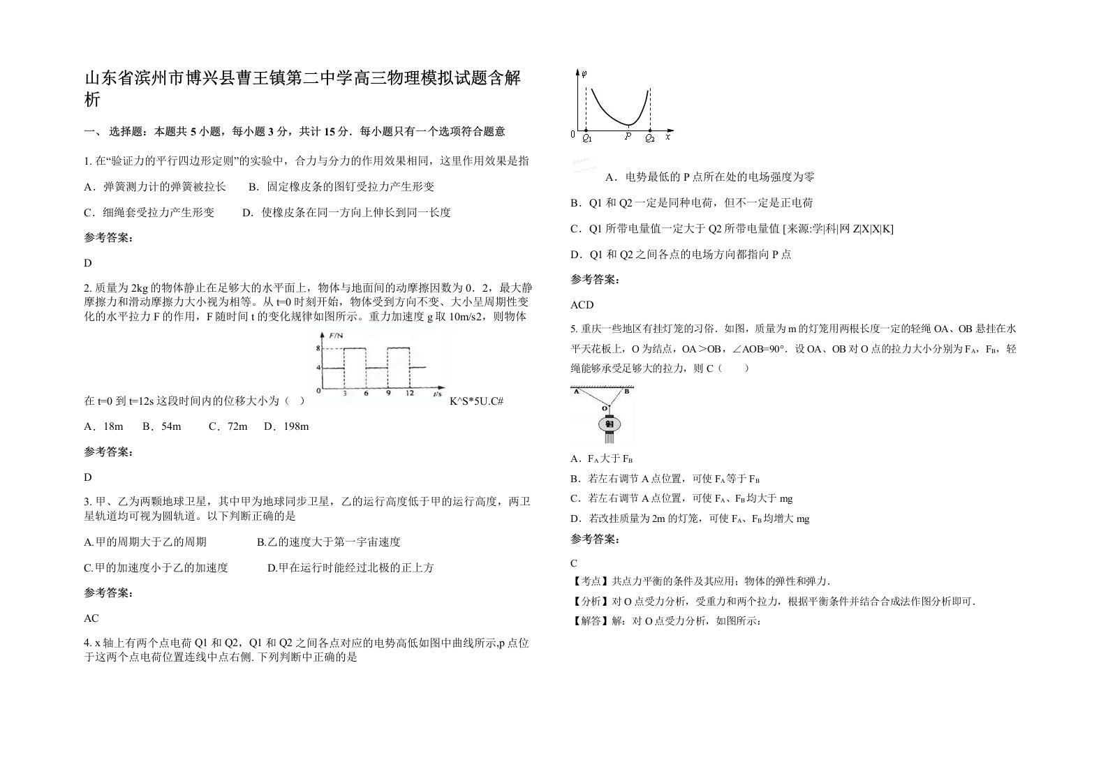 山东省滨州市博兴县曹王镇第二中学高三物理模拟试题含解析