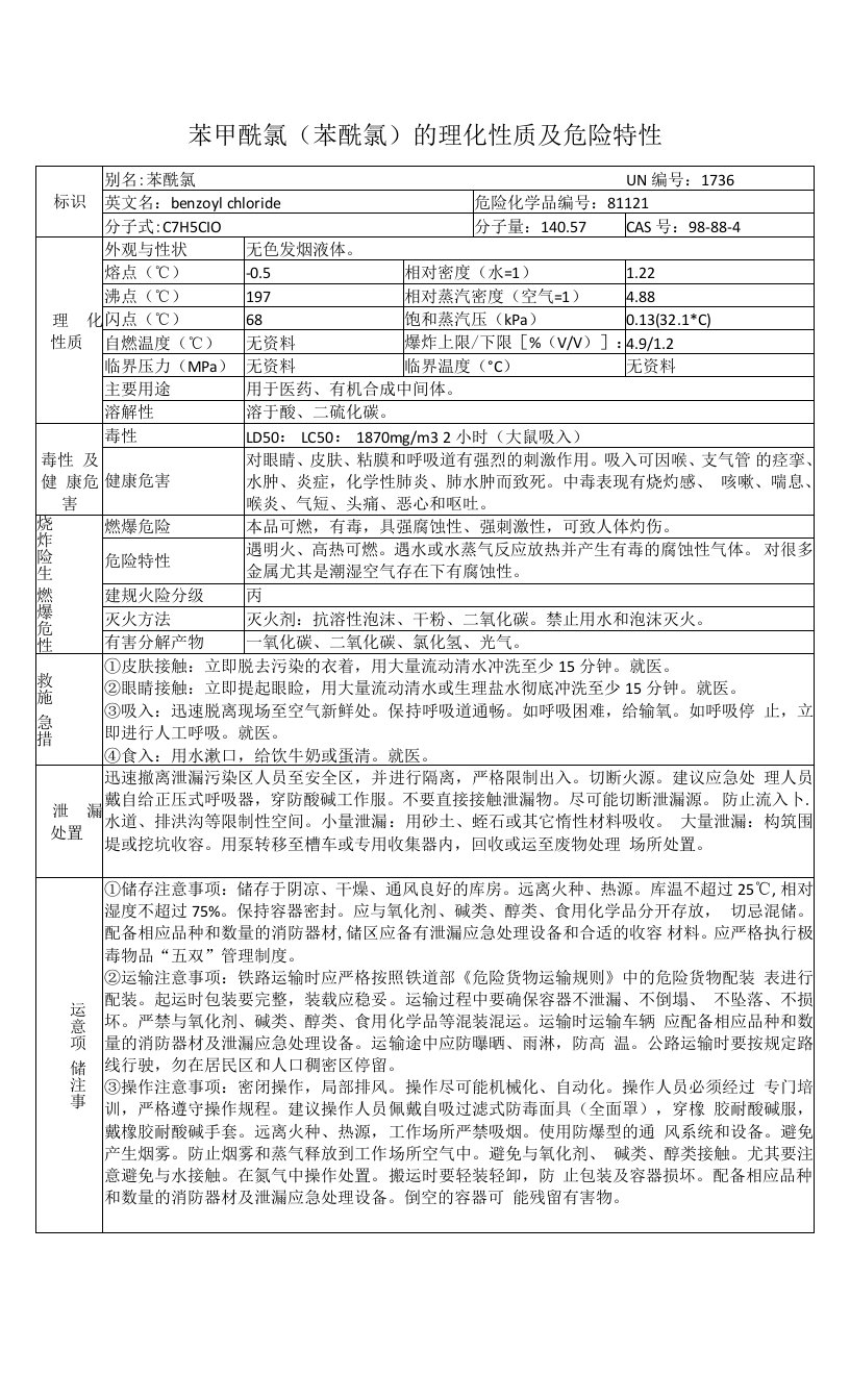 苯甲酰氯（苯酰氯）的理化性质及危险特性表