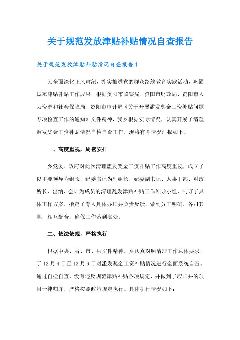 关于规范发放津贴补贴情况自查报告