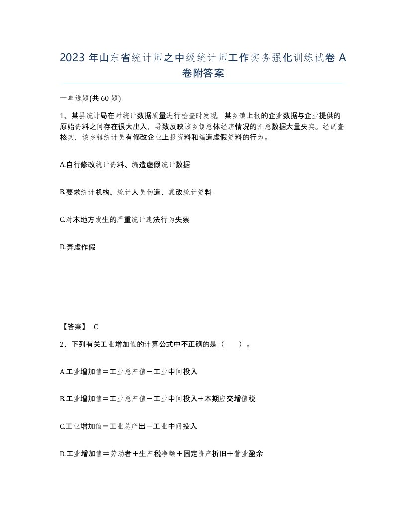 2023年山东省统计师之中级统计师工作实务强化训练试卷A卷附答案