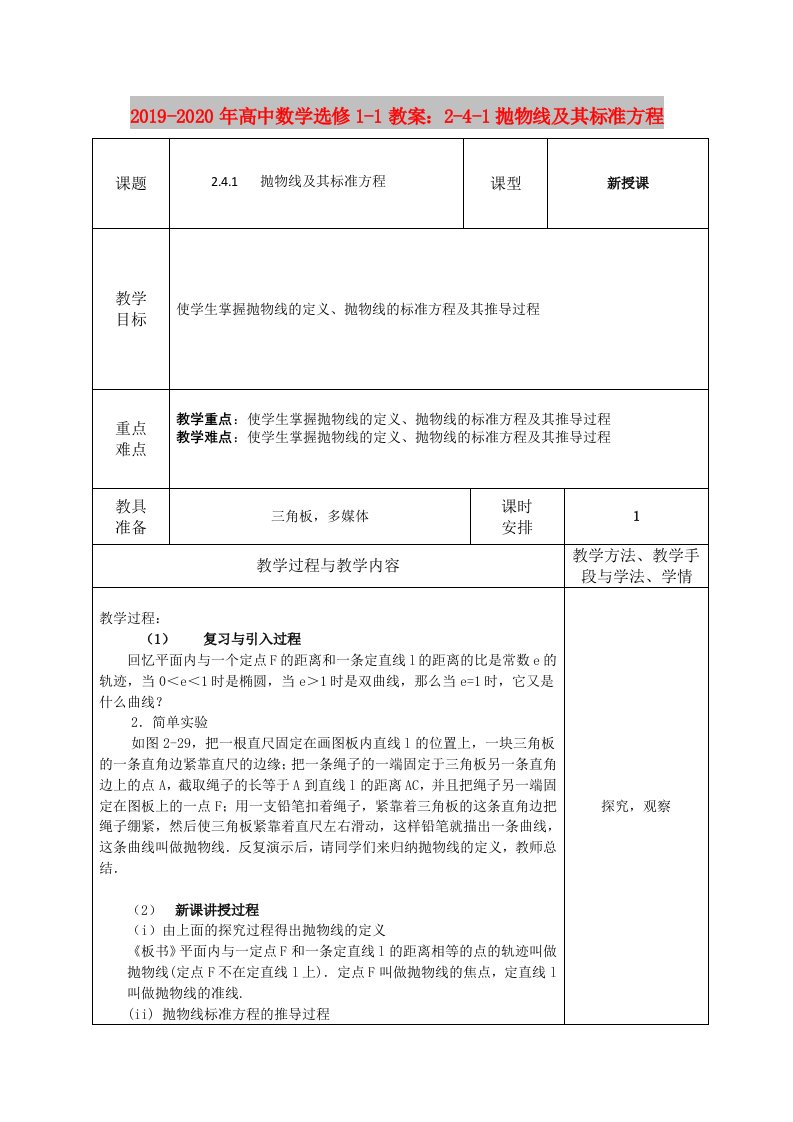 2019-2020年高中数学选修1-1教案：2-4-1抛物线及其标准方程