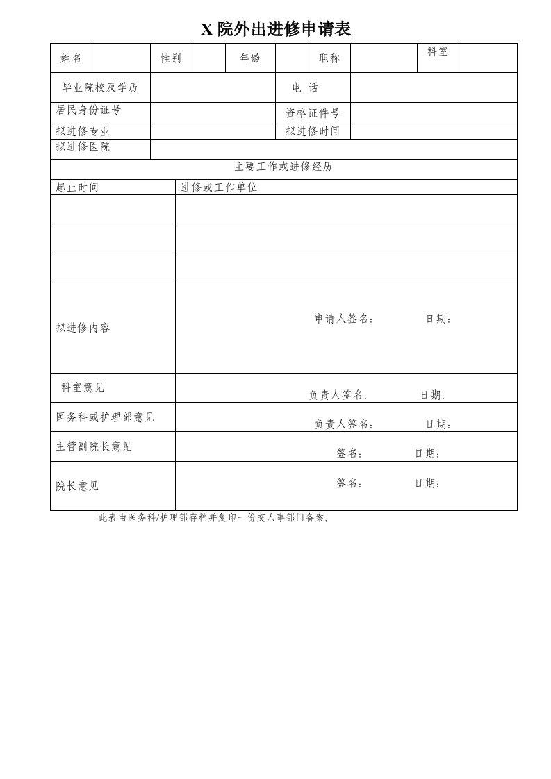 医院外出进修申请表