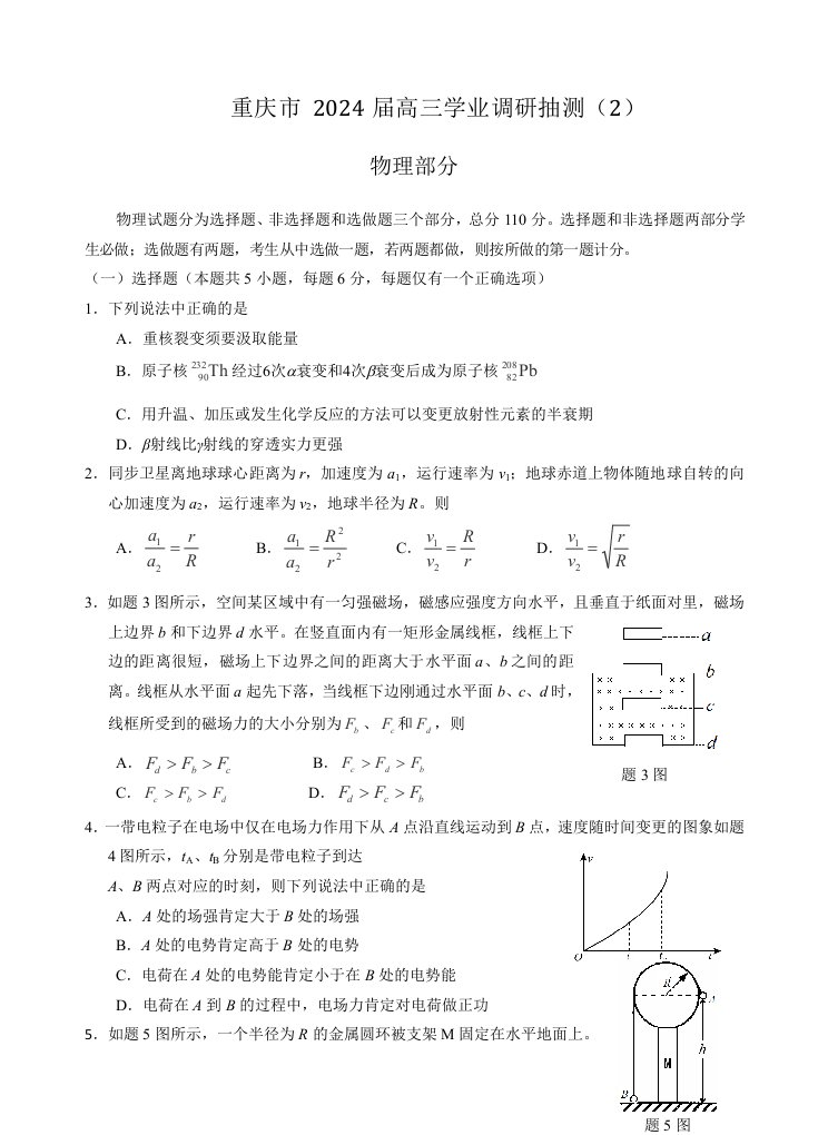 重庆市2024届高三学业调研抽测物理试题(带答案)