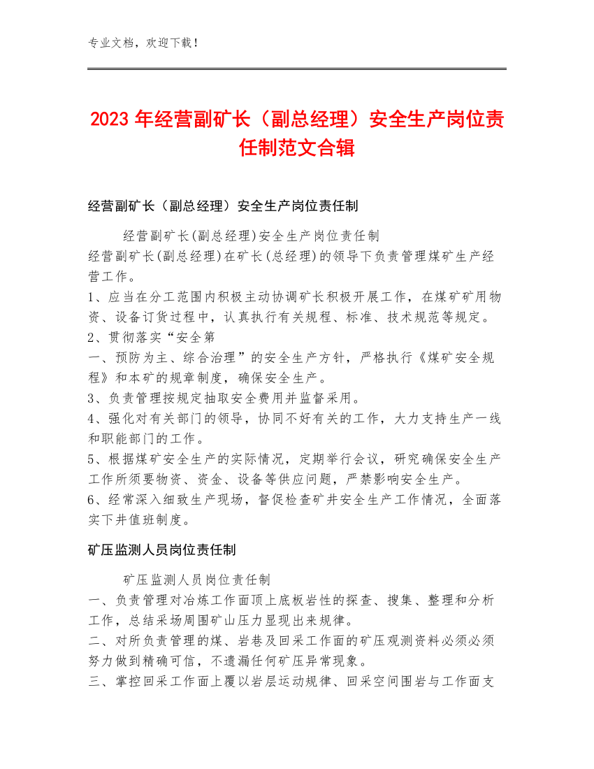 2023年经营副矿长（副总经理）安全生产岗位责任制范文合辑