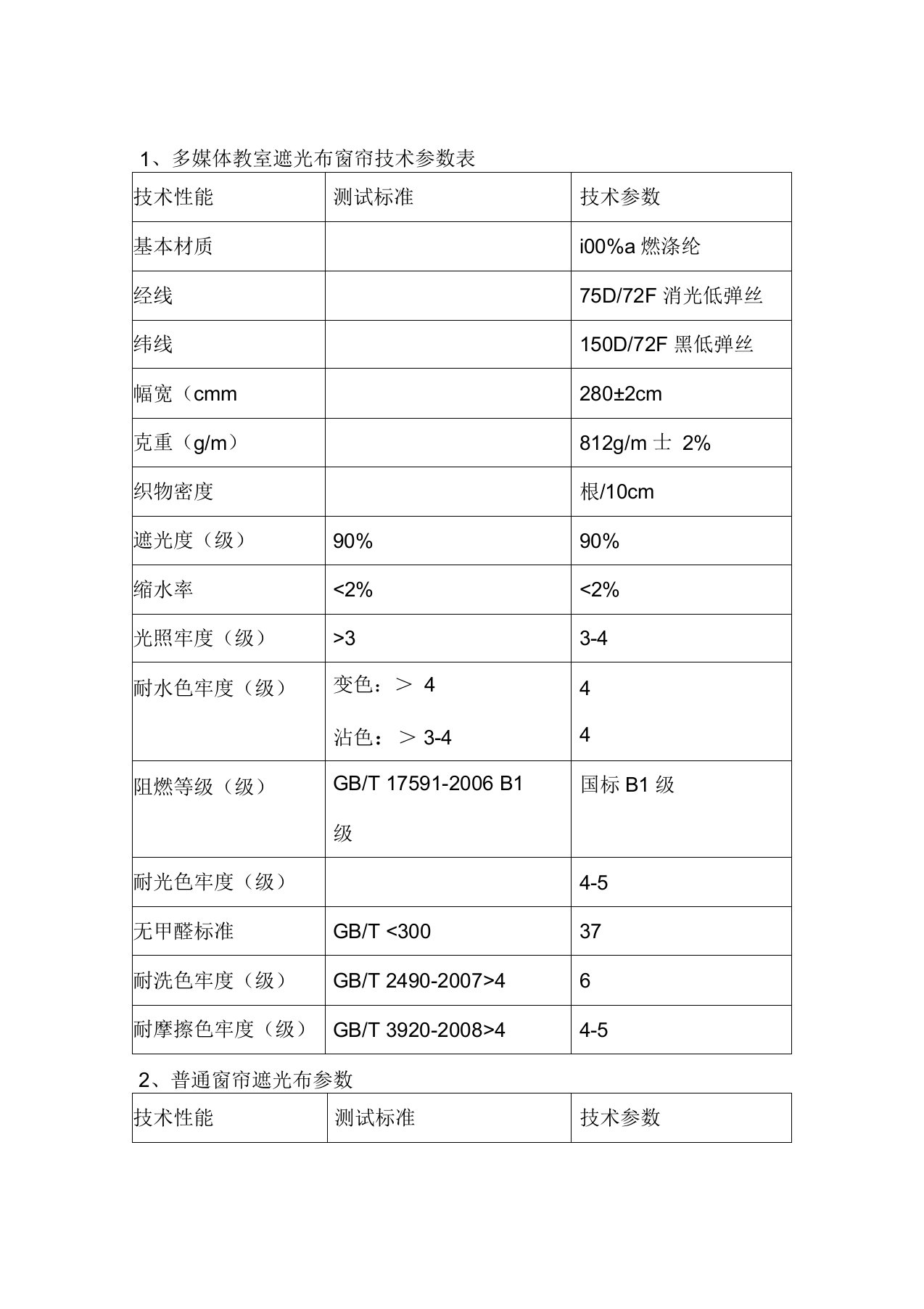 遮光布技术参数