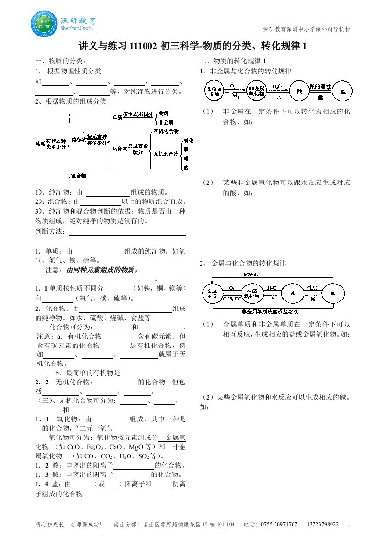 讲义与练习111002初三科学(培优)-物质的分类、转化规律1