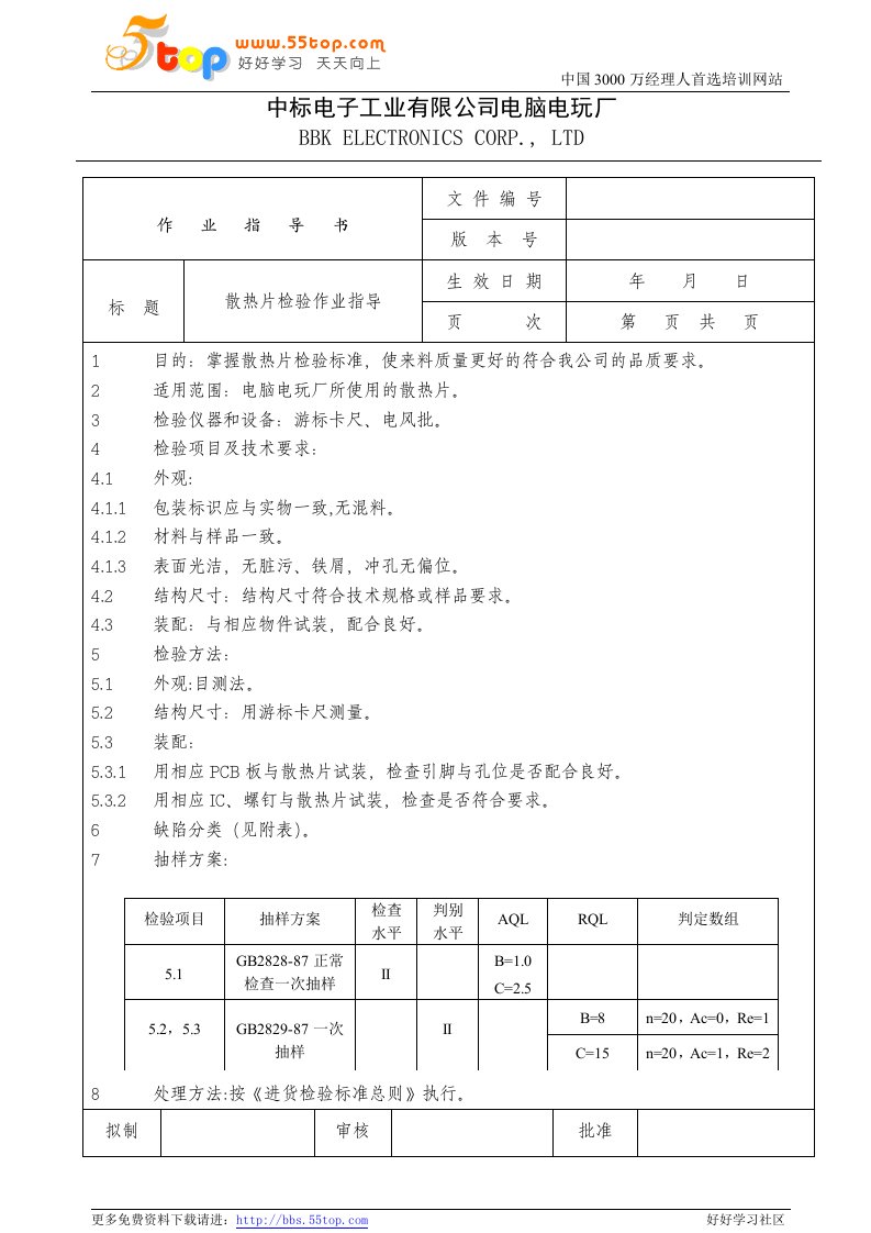 电脑电玩厂检验作业指导书-热熔胶条、三级管、散热片、手提袋(4个文件)电子行业检验作业指导书(散热片)0-作业指导