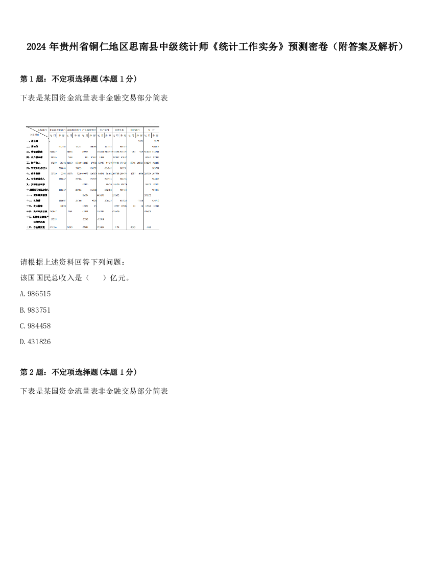 2024年贵州省铜仁地区思南县中级统计师《统计工作实务》预测密卷（附答案及解析）