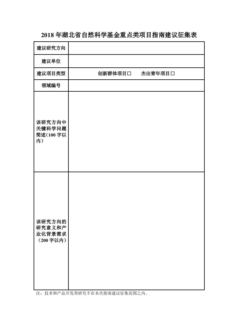 2018年湖北省自然科学基金重点类项目指南建议征集表