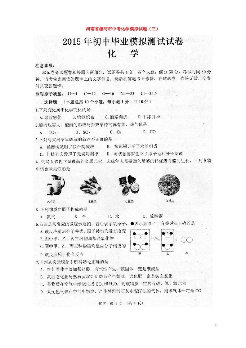 河南省漯河市中考化学模拟试题（三）（扫描版）