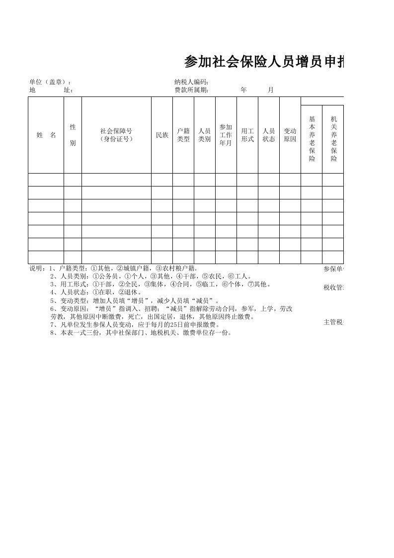 参加社会保险人员增员申报表