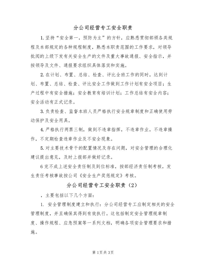 分公司经营专工安全职责（2篇）