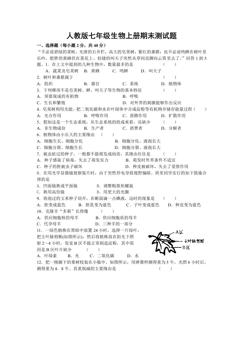 2023年人教版七年级生物上册期末测试题