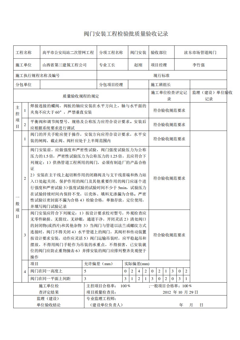 阀门安装工程检验批质量验收记录