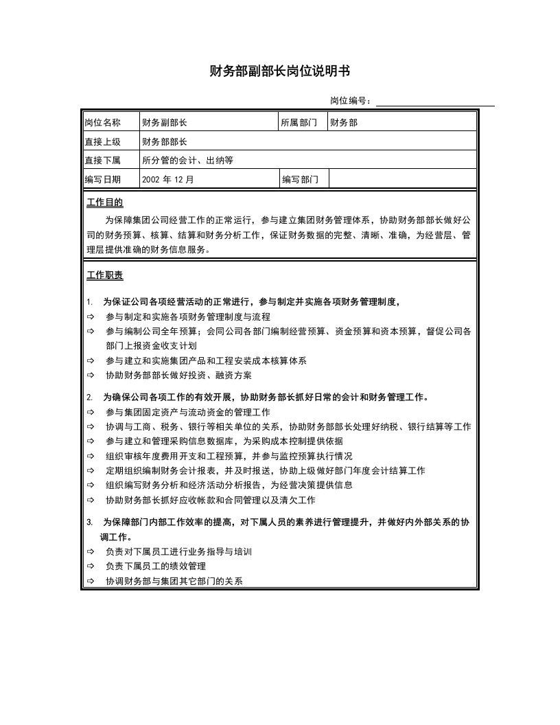 财务部副部长岗位说明书