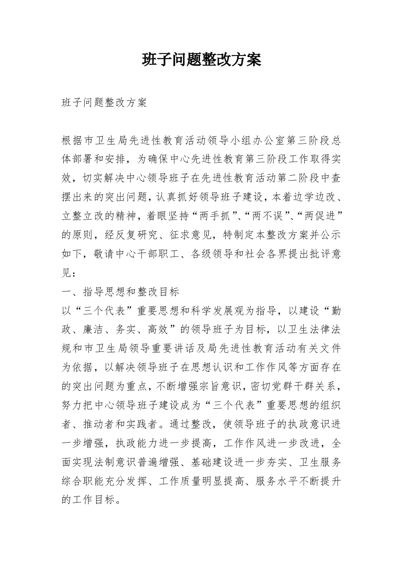 班子问题整改方案