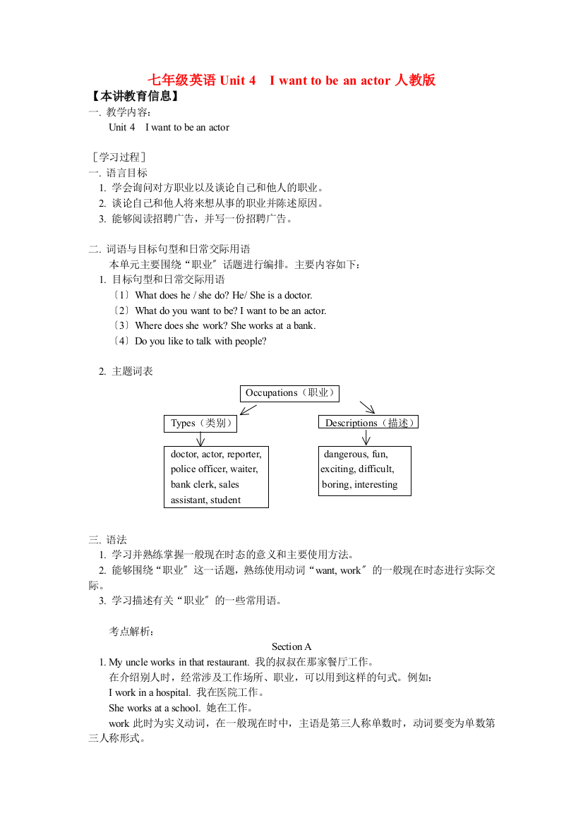 七年级英语Unit4Iwanttobeanactor人教版