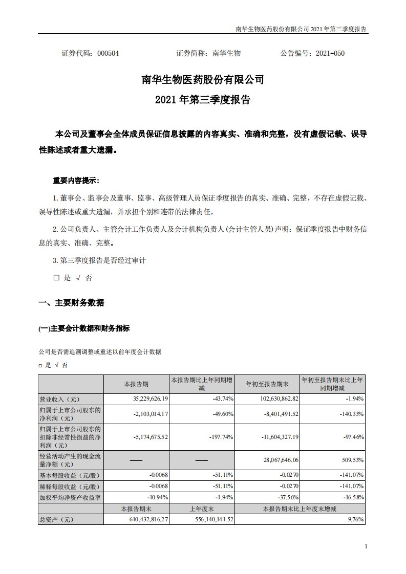 深交所-南华生物：2021年第三季度报告-20211030