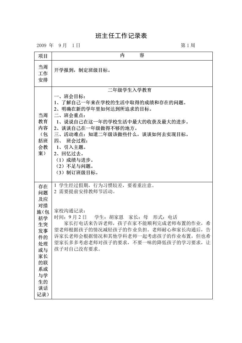 班主任工作记录表