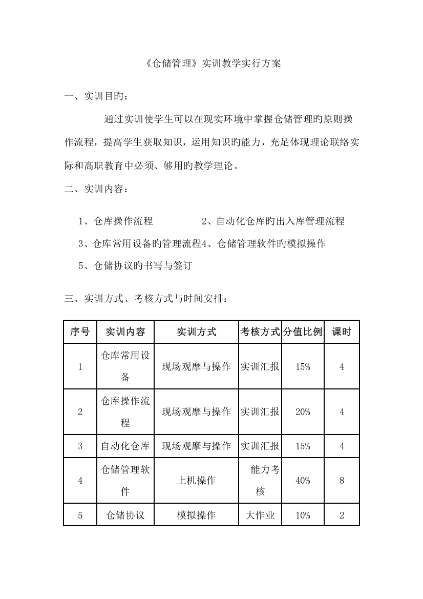 仓储管理实训教学实施方案