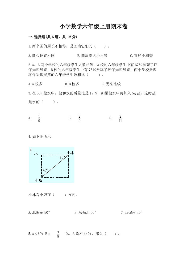 小学数学六年级上册期末卷（真题汇编）